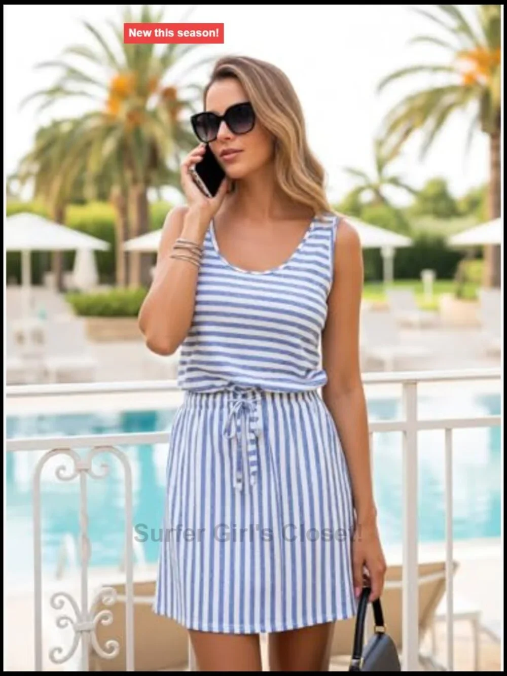 Striped Sleeveless Sundress with Pockets Tie Front A-Line Mini Dress